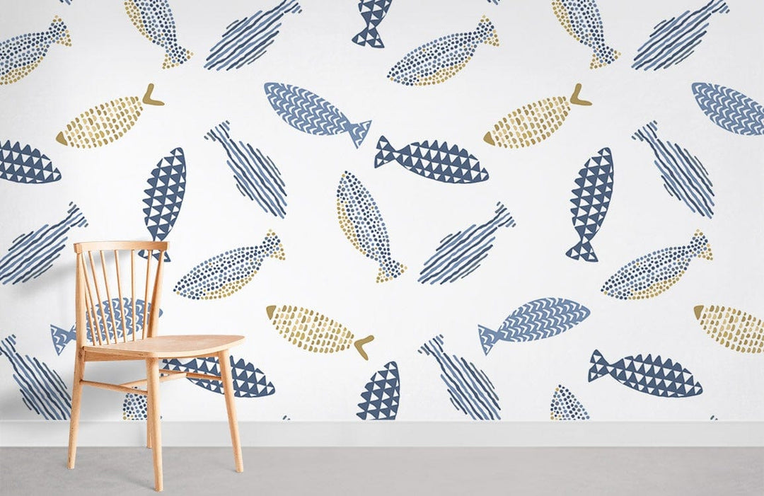 Blue and gold geometric fish nautical wallpaper with wooden chair, white wall, grey floor, modern design.