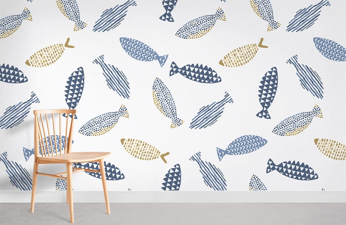 Blue and gold geometric fish nautical wallpaper with wooden chair, white wall, grey floor, modern design.