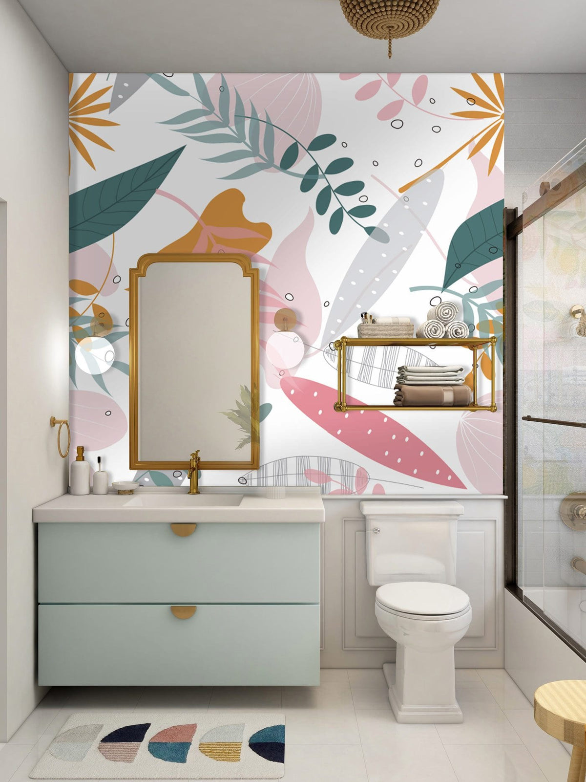 Tropical pastel bohemian floral mural wallpaper in modern bathroom with vanity, mirror, and shower enclosure.
