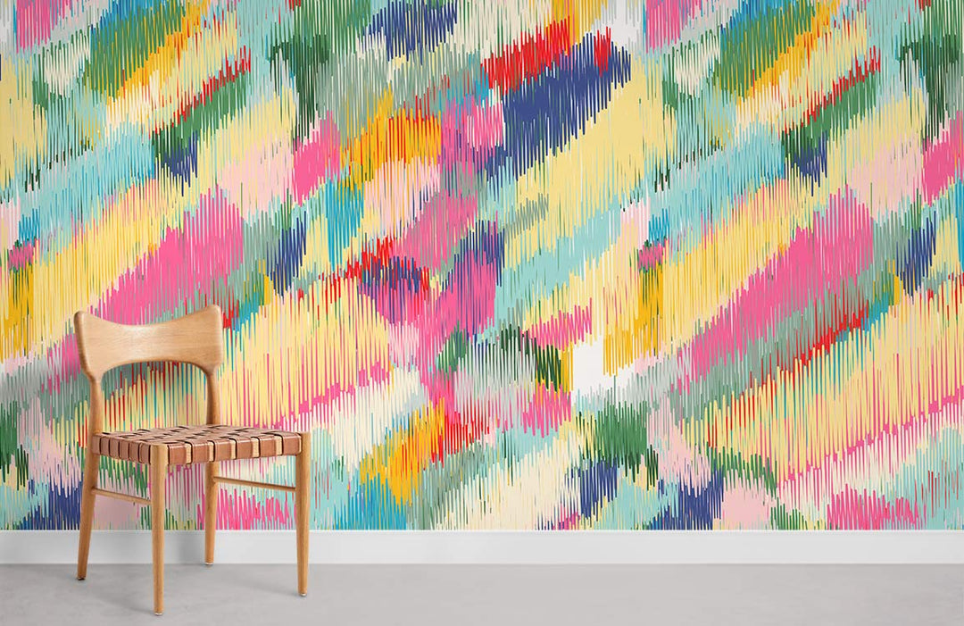 Vibrant multicoloured abstract wallpaper with wooden chair, modern artistic home decor, colourful brushstroke design.