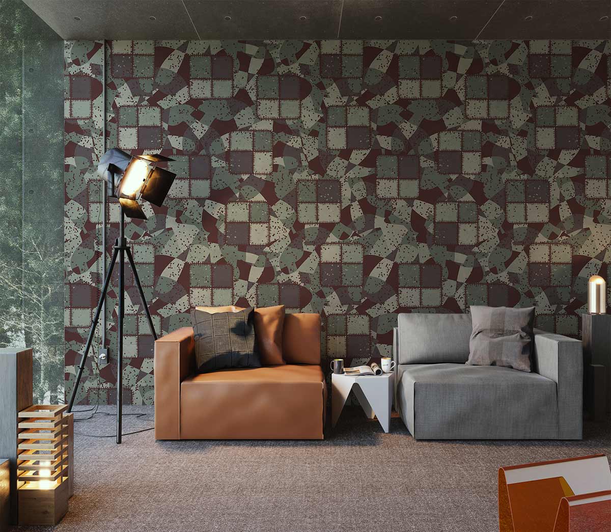 Vintage geometric patchwork wallpaper, brown sofa, grey sofa, modern floor lamp, textured flooring, spacious room.