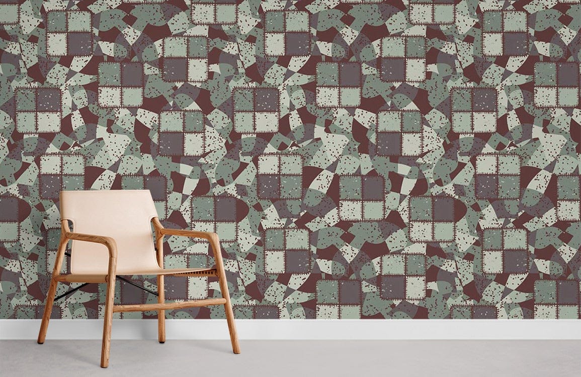 Vintage geometric abstract wallpaper featuring brown and green patterns with wooden chair on grey flooring.