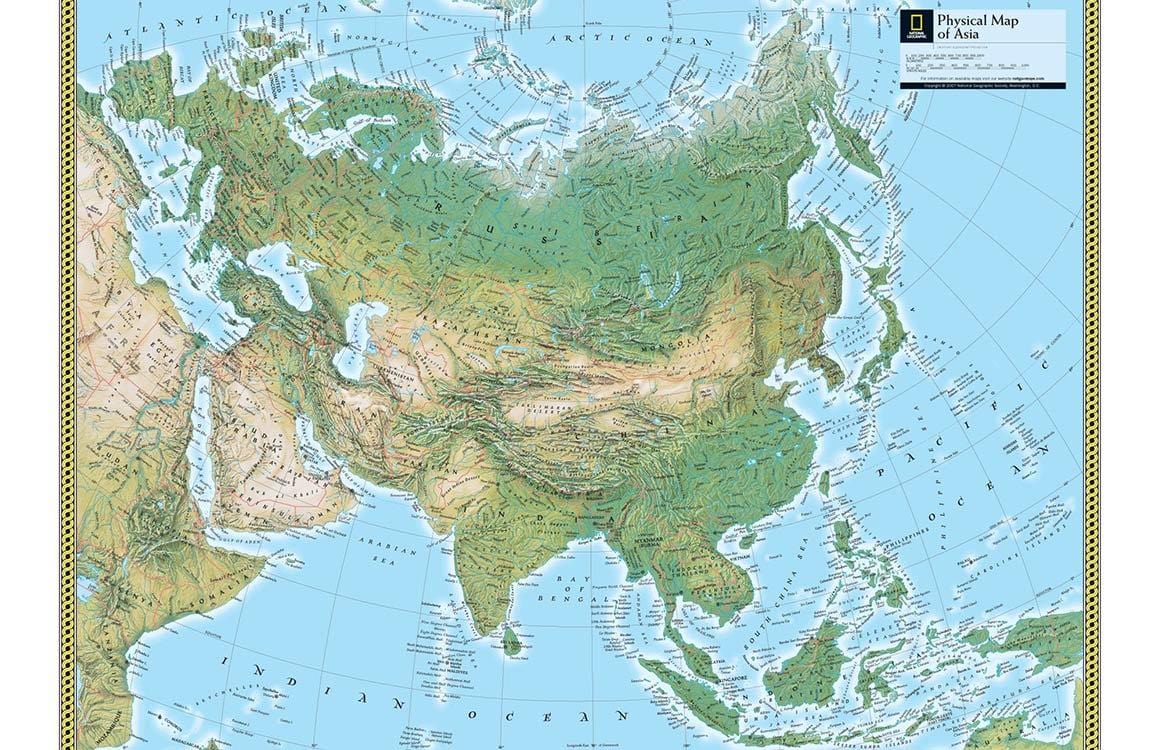 Asia Vintage Physical Map Mural Wallpaper with Green and Blue Tones