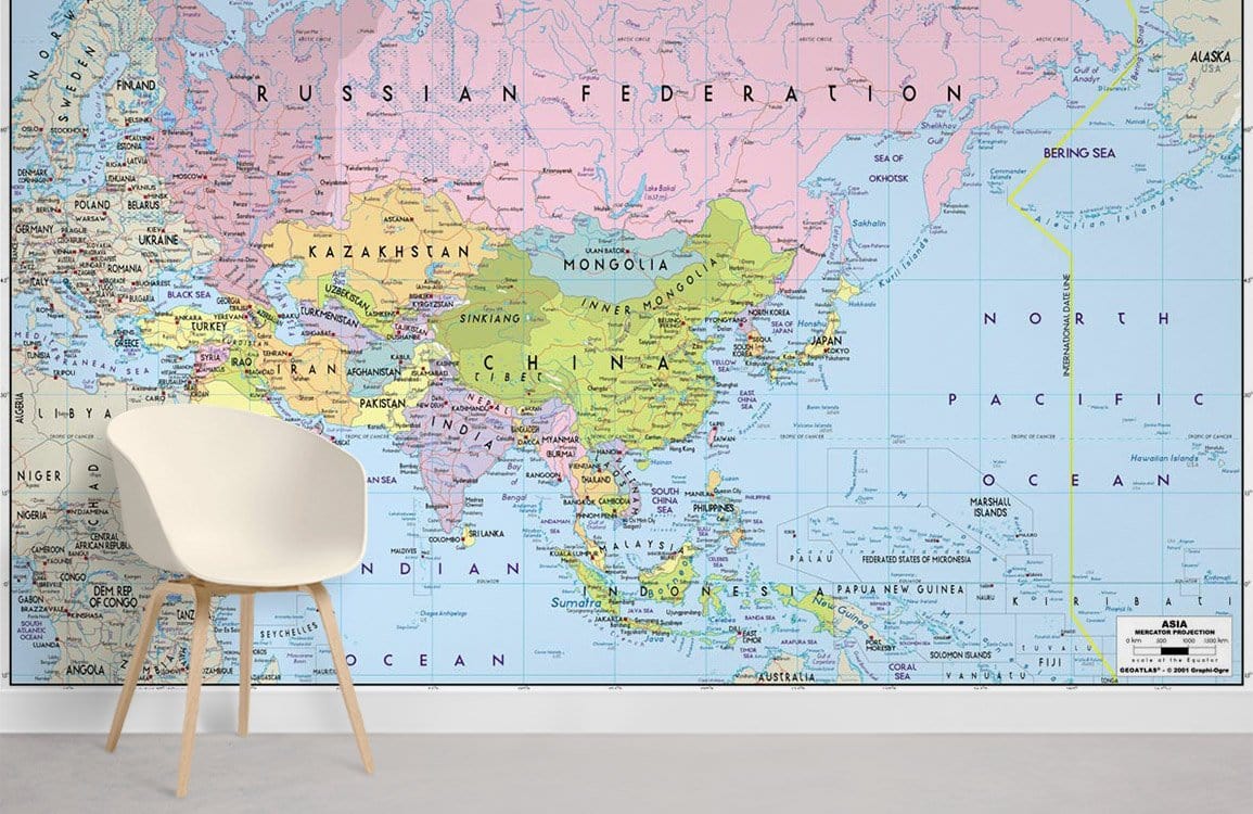Vintage pastel world map mural wallpaper in modern room with white chair, grey flooring, educational decor.