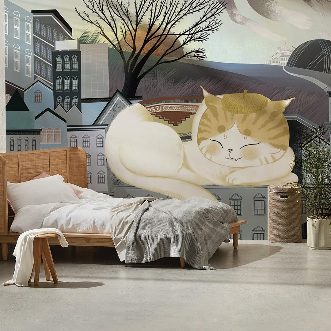 Whimsical cat mural wallpaper in pastel tones, featuring wooden bed, grey blanket, urban room decor.