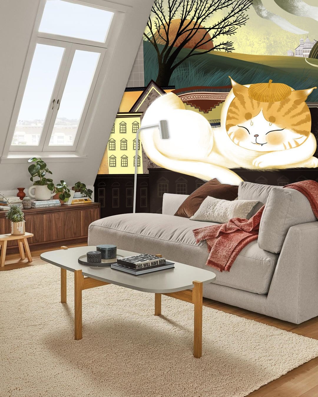 Charming Feline Autumn Landscape Mural Wallpaper enhancing cosy living room with grey sofa and rug.
