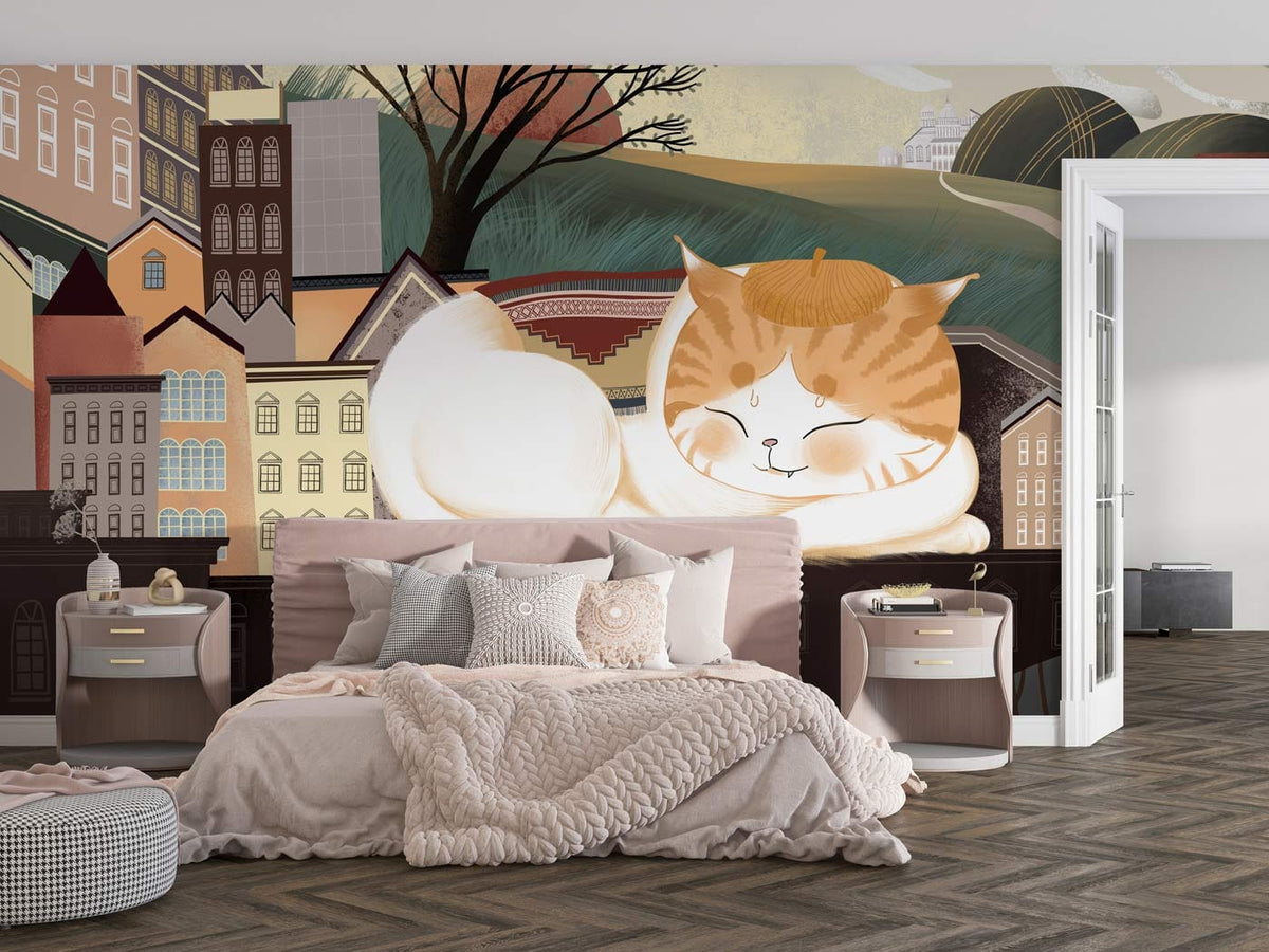 Charming cat mural wallpaper in warm tones, featuring cosy bed, wooden flooring, and elegant side tables.
