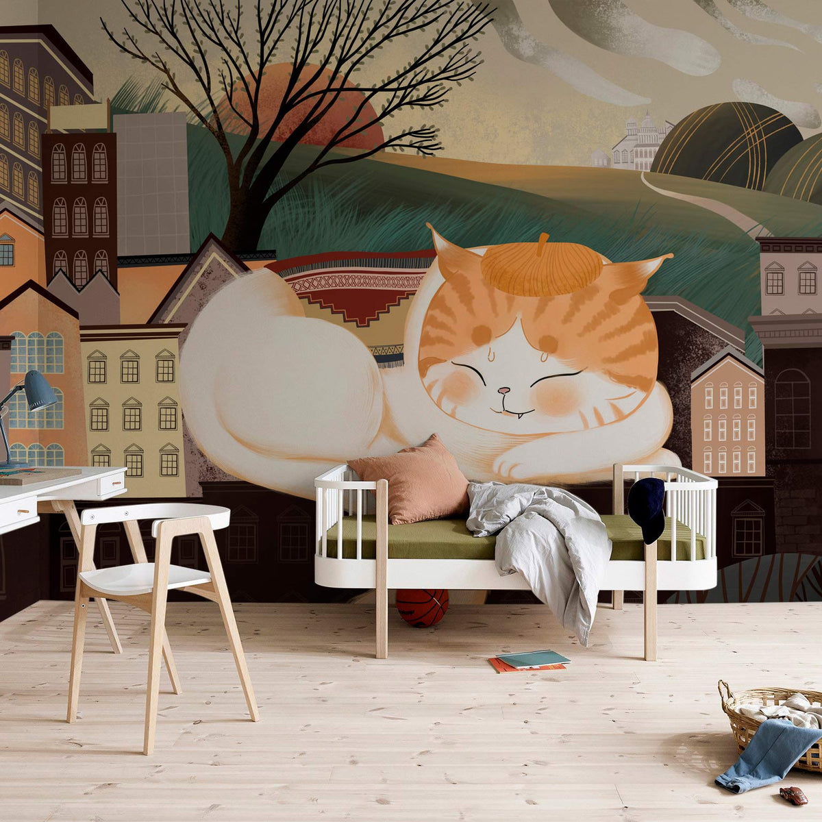 Charming cat mural wallpaper in warm tones, contemporary children's room, wooden flooring, minimalist green sofa.