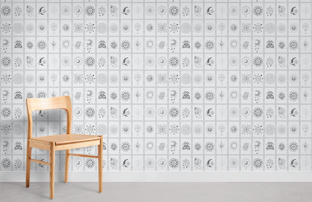 Grey Geometric Vintage Tile Wallpaper behind wooden chair in minimalist room; elegant retro design.