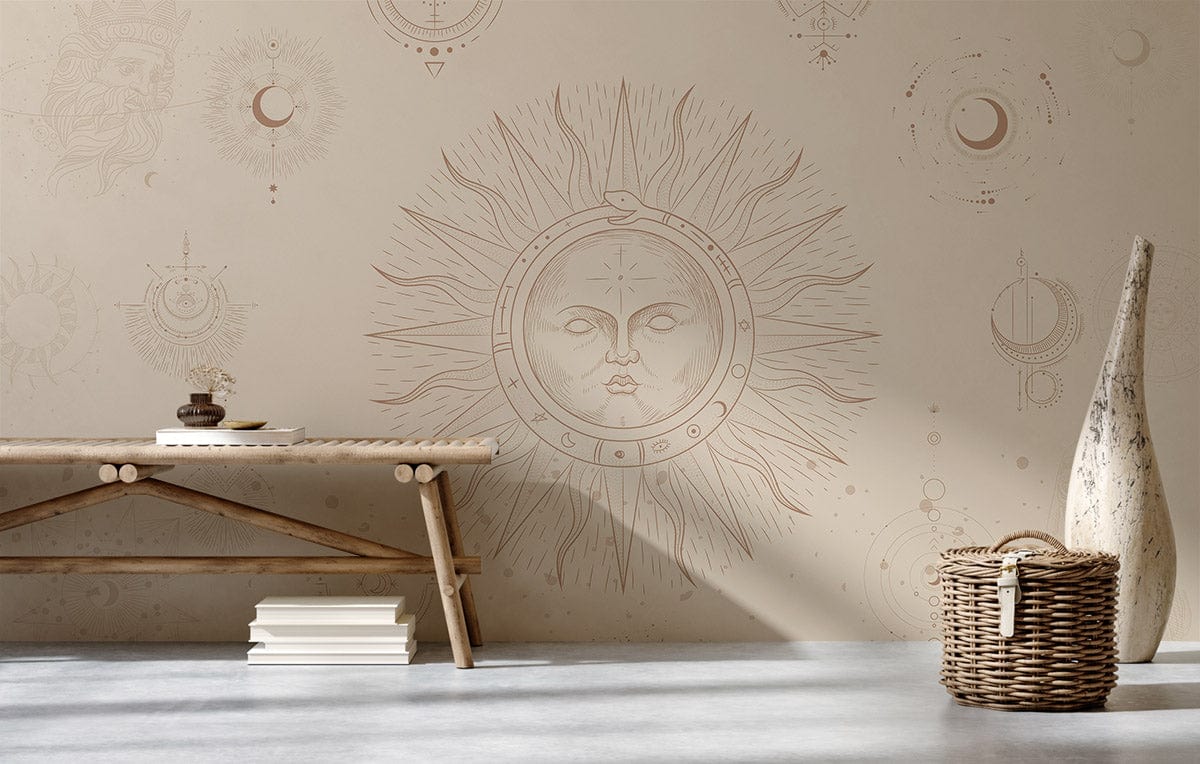Bohemian Beige Astral Sun and Moon Mural Wallpaper; rustic bench, grey flooring, woven basket.
