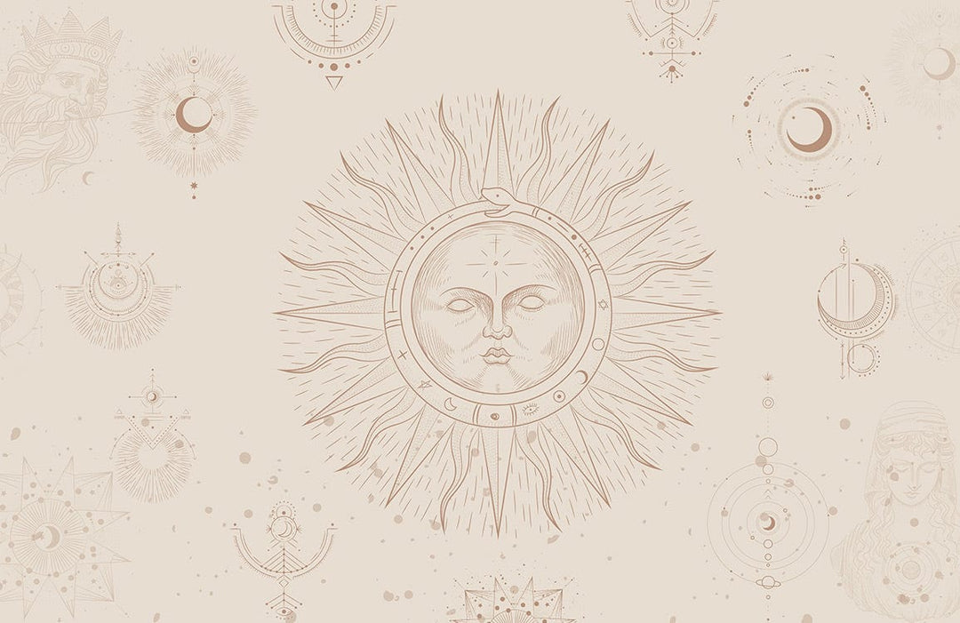 Bohemian Beige Astral Sun and Moon Patterned Mural Wallpaper Design
