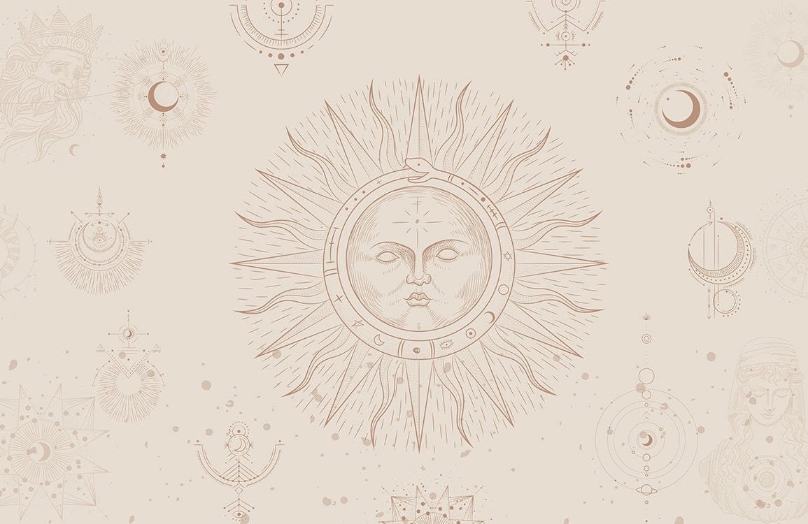 Bohemian Beige Astral Sun and Moon Patterned Mural Wallpaper Design