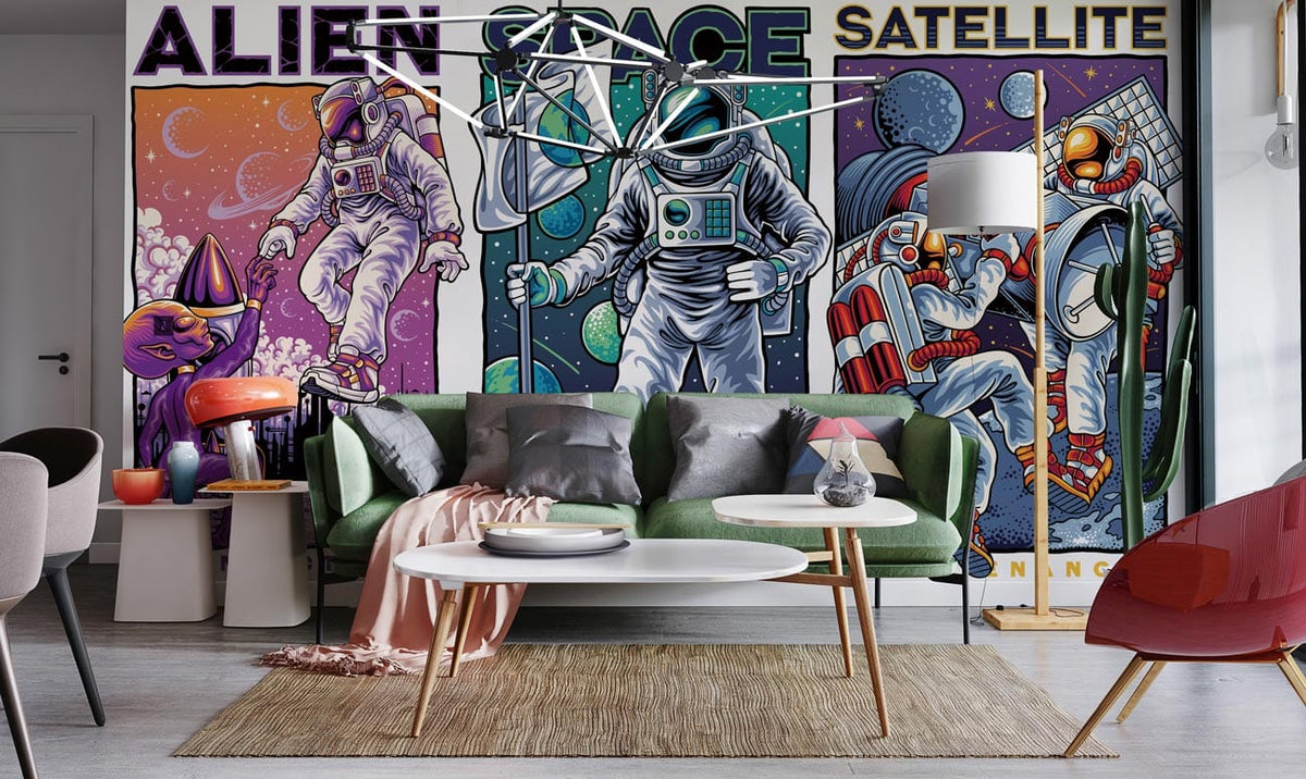 Futuristic cosmic astronaut mural wallpaper above modern green sofa; colourful decor in contemporary living room.
