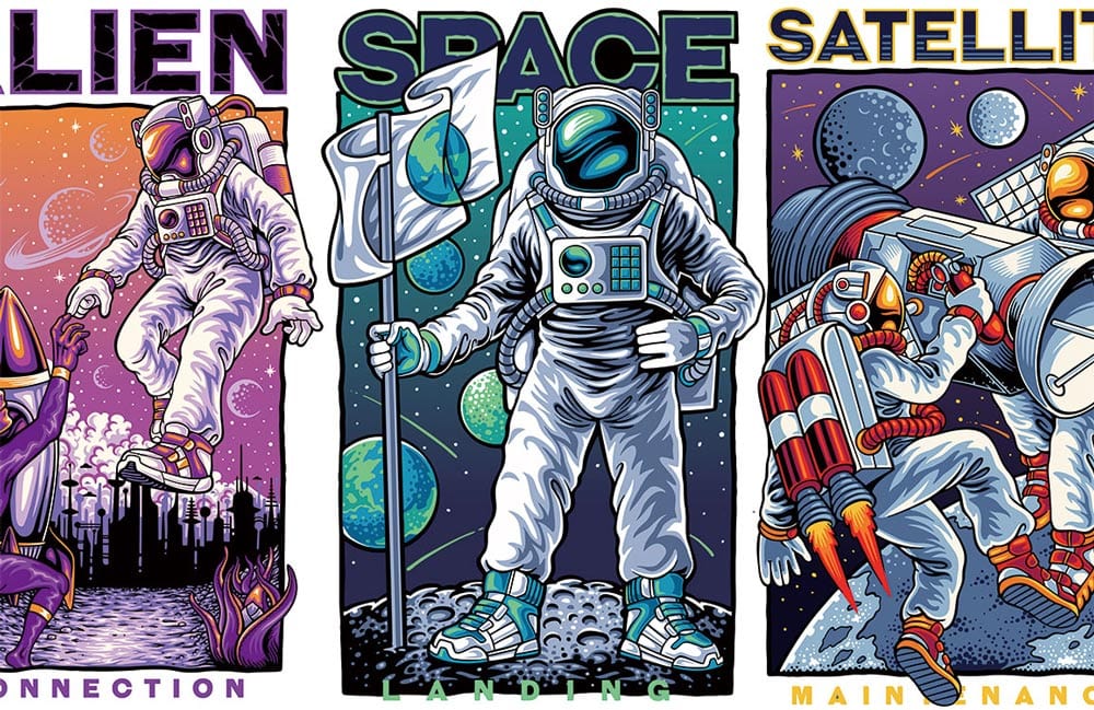 Futuristic Space Adventure Mural Wallpaper with Colourful Cosmic Astronauts Design