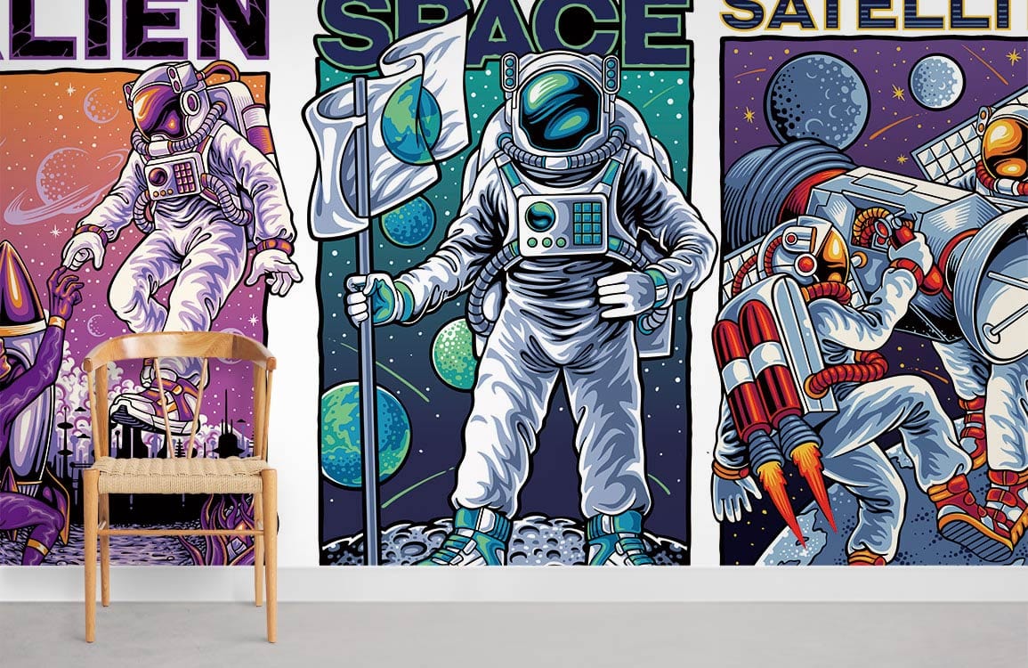 Futuristic space mural wallpaper with cosmic astronauts, colourful design, modern chair, grey flooring, vibrant setting.