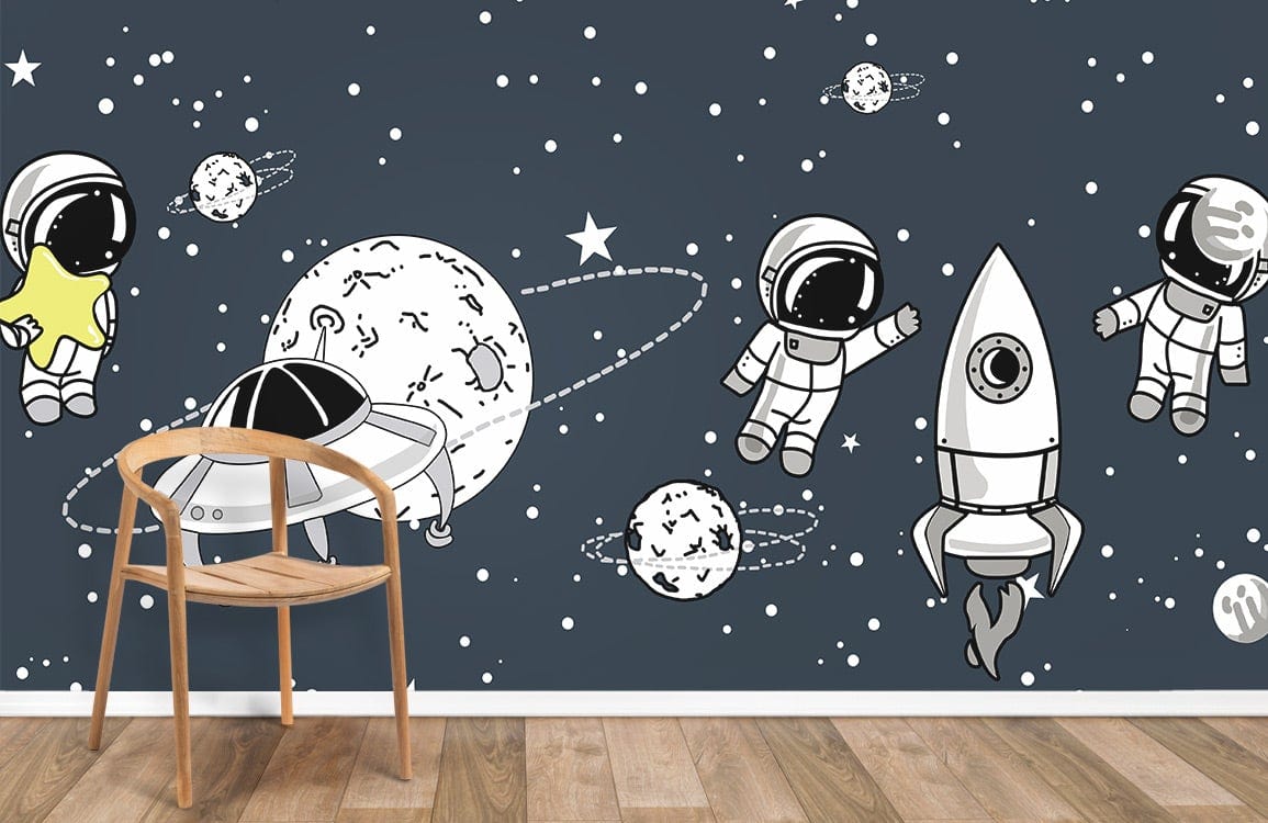 Playful Space Adventure wallpaper featuring astronauts, rockets, wooden chair, wooden flooring, navy wall.