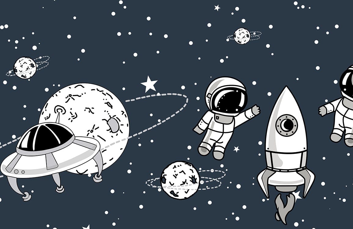 Playful Space Adventure Children's Wallpaper - Astronauts and Rockets Design Navy