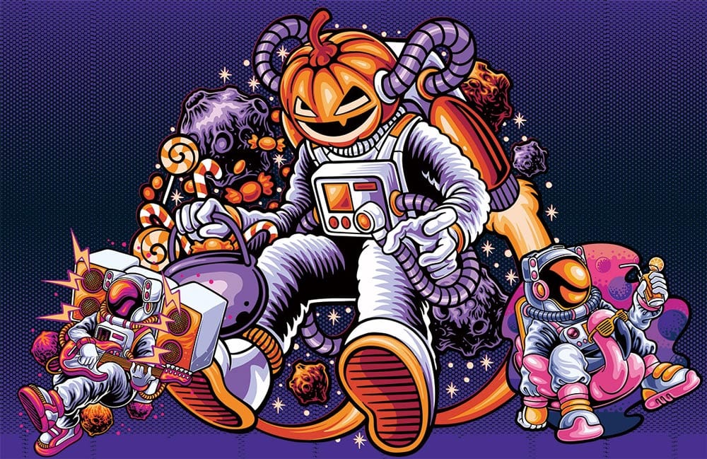 Futuristic Pumpkin Astronaut Adventure Mural Wallpaper - Vibrant Cosmic Illustration.