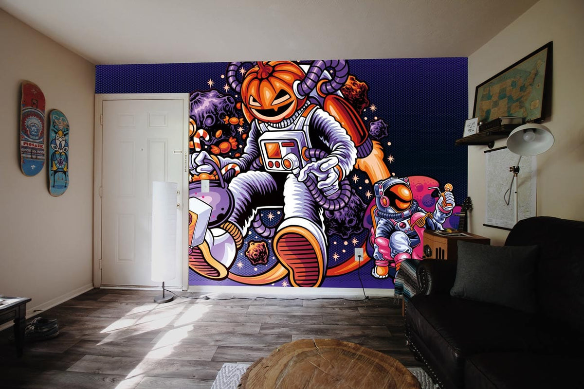 Futuristic pumpkin astronaut mural in modern living room, featuring dark sofa, wood flooring, unique decor.