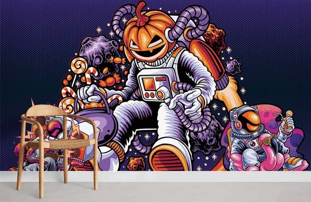 Futuristic pumpkin astronaut mural with vibrant cosmic scene, light wood chair, and minimalist grey flooring.