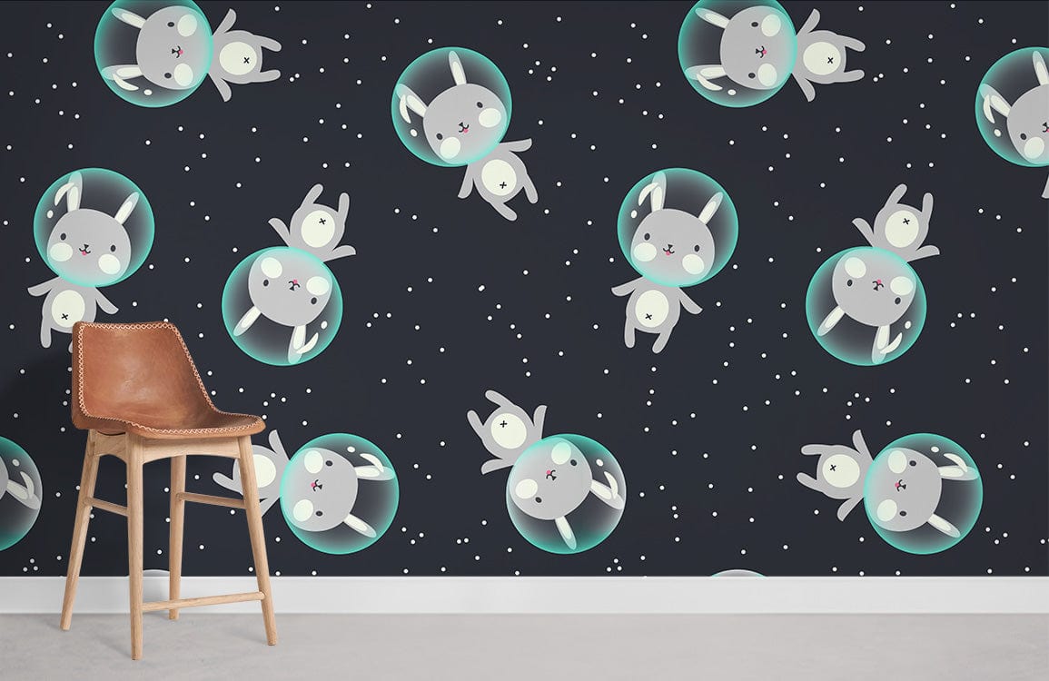 Whimsical grey space bunnies wallpaper in children's room, brown leather chair, light-grey floor.