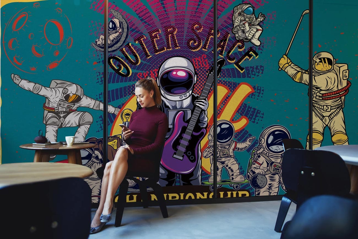Retro Space Adventure Astronauts mural wallpaper, colourful interior, playful theme, modern furniture, cafe setting.