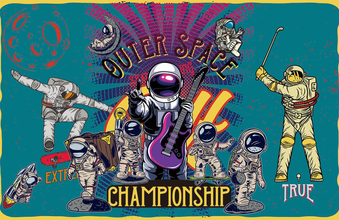 Retro Space Adventure Astronauts Colourful Mural Wallpaper for Playful Interiors