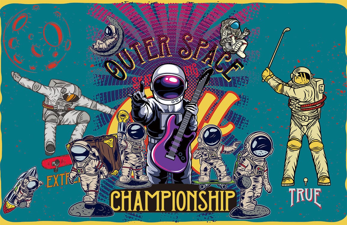 Retro Space Adventure Astronauts Colourful Mural Wallpaper for Playful Interiors