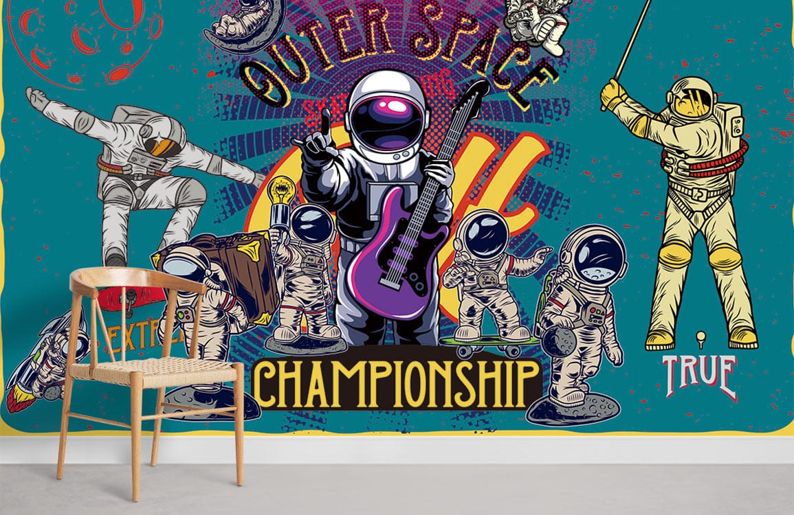 Retro Space Adventure Astronauts mural wallpaper, colourful living room design, wooden chair, modern floor.