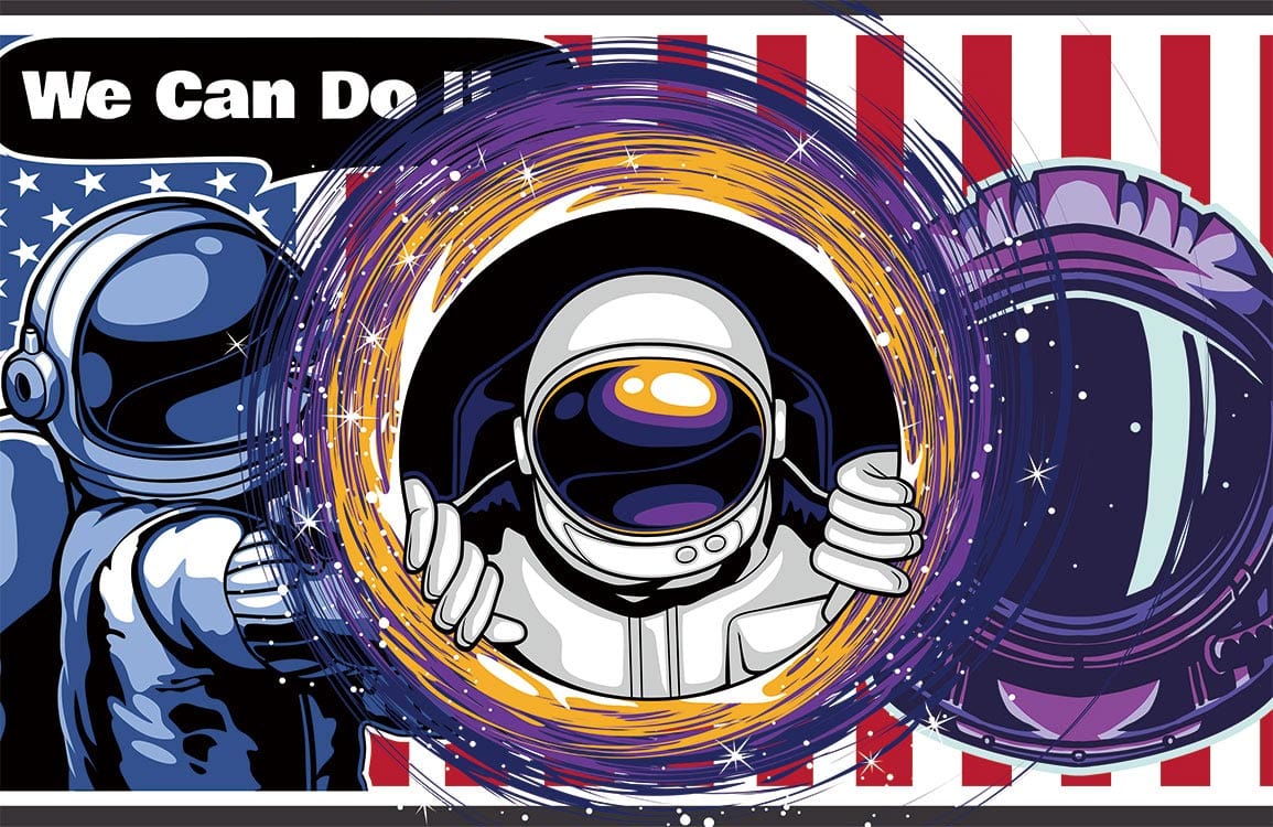 Retro Space Astronaut Mural Wallpaper with Bold Red and Blue Accents