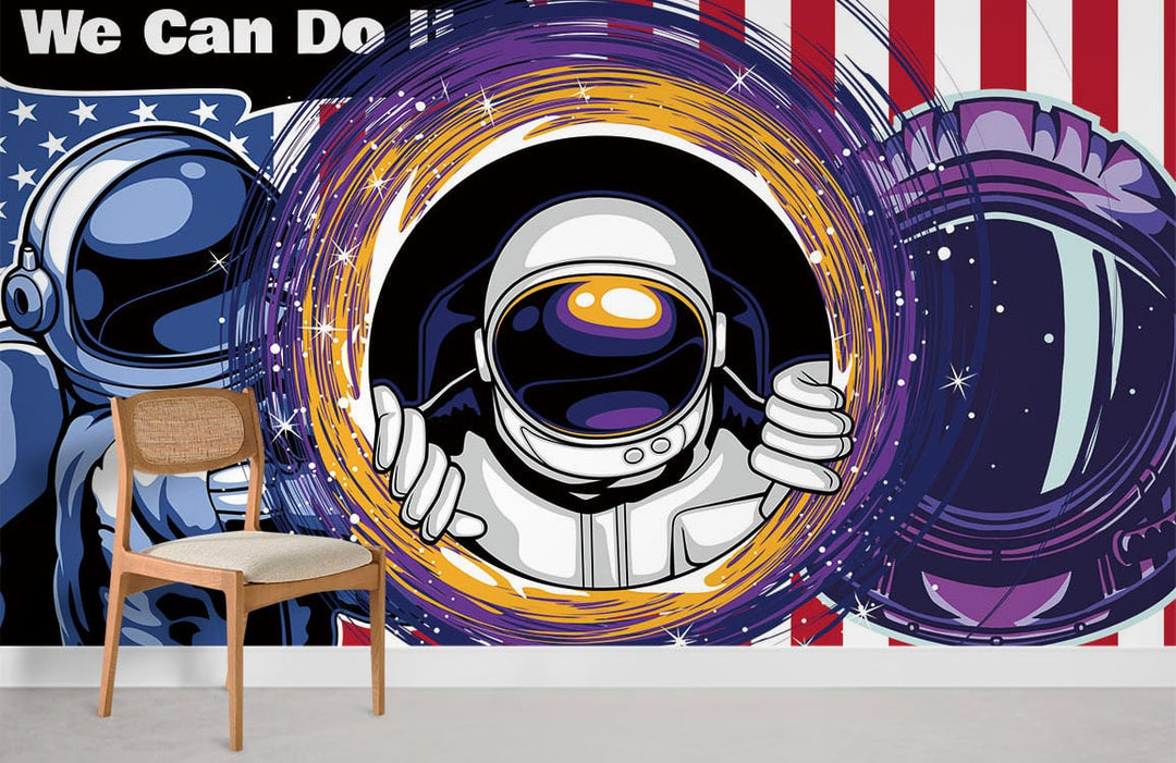 Retro Space Astronaut Mural Wallpaper features bold red and blue accents, wooden chair, minimalist decor.