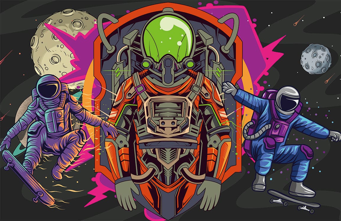 Futuristic Space Adventure Astronauts Retro Skateboard Mural Wallpaper in Vibrant Colours