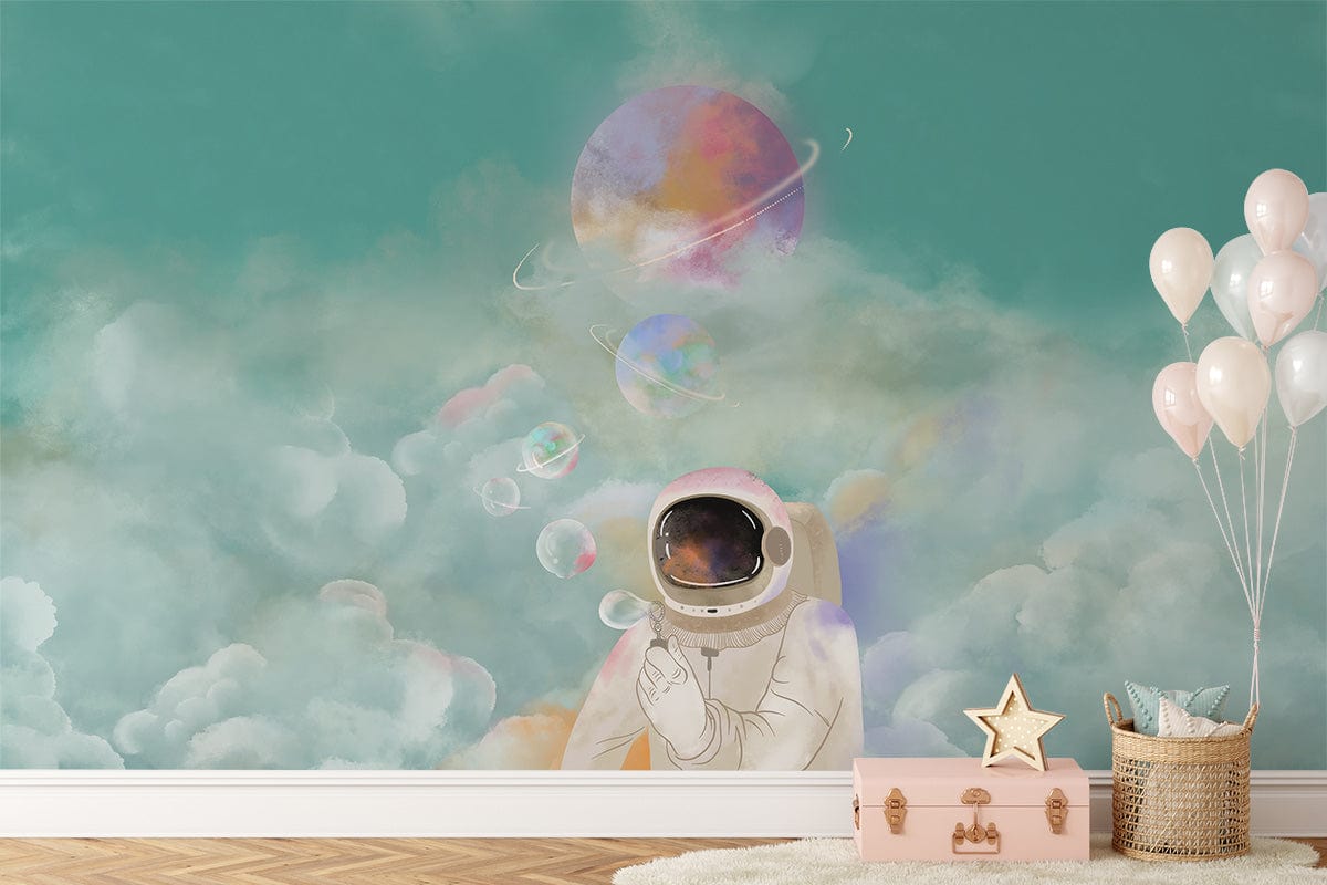 Galactic Dreamscape mural with astronaut in cloudy celestial setting; pastel colours, wooden floor, balloons.