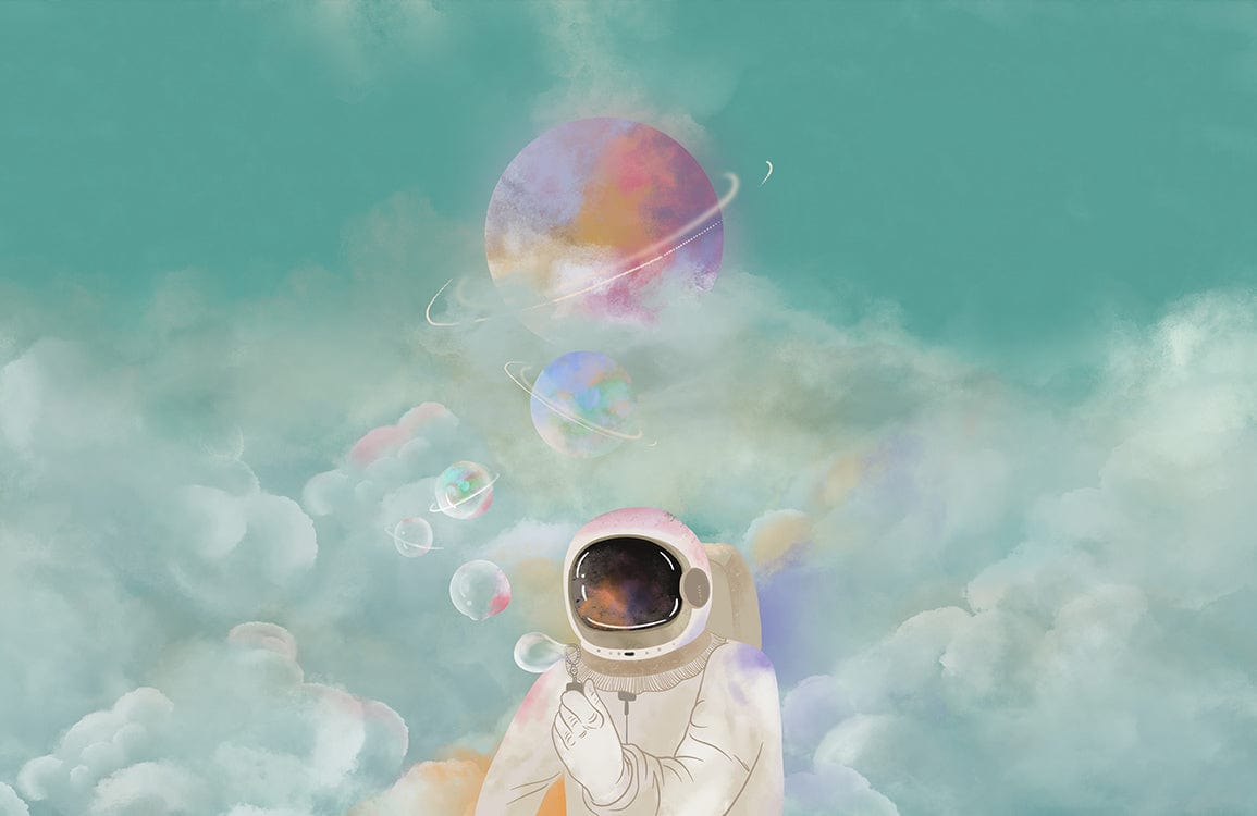 Galactic Dreamscape Mural Wallpaper: Astronaut in Pastel Celestial Clouds Design