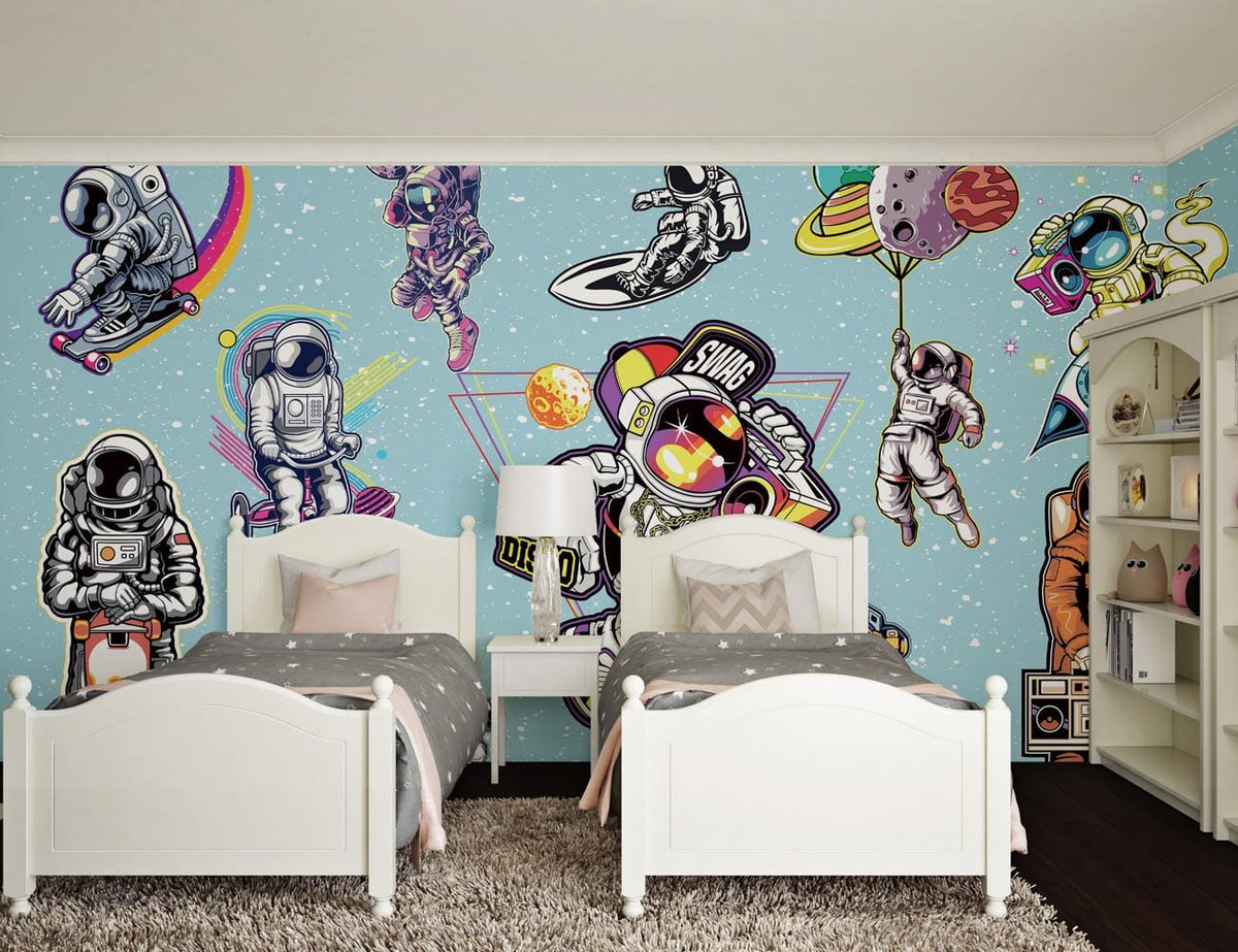 Vibrant retro astronaut mural in kids' room with twin beds, blue walls, and plush carpet flooring.
