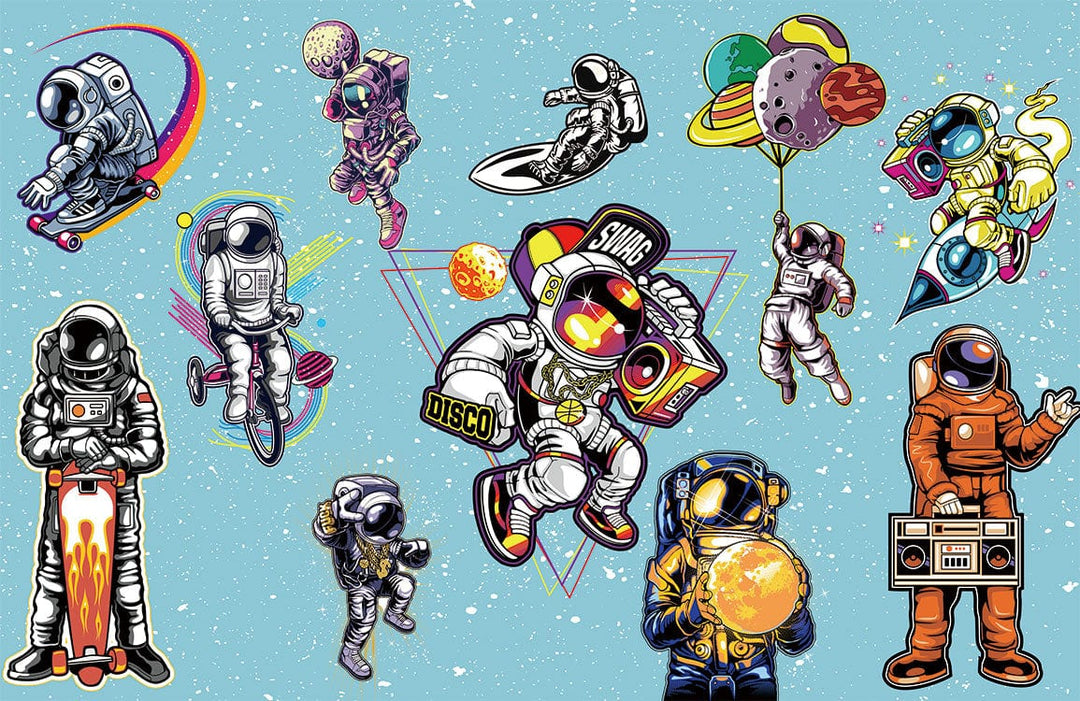 Vibrant Retro Astronauts Adventure Mural Wallpaper - Space-Themed Funky Design