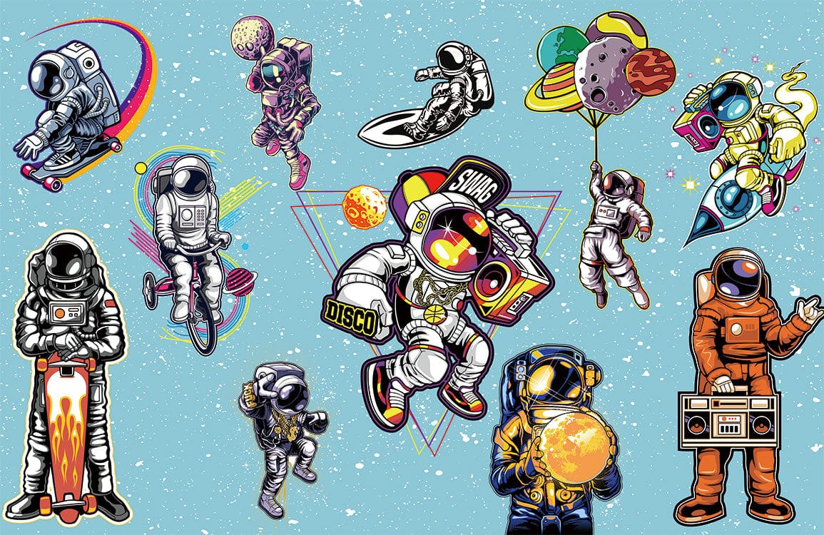 Vibrant Retro Astronauts Adventure Mural Wallpaper - Space-Themed Funky Design