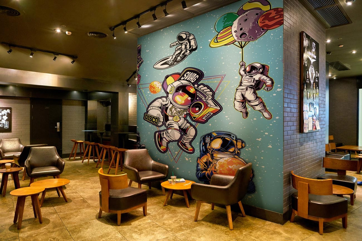 Vibrant Retro Astronauts Adventure Mural in modern lounge with leather chairs, wood tables, grey bricks.
