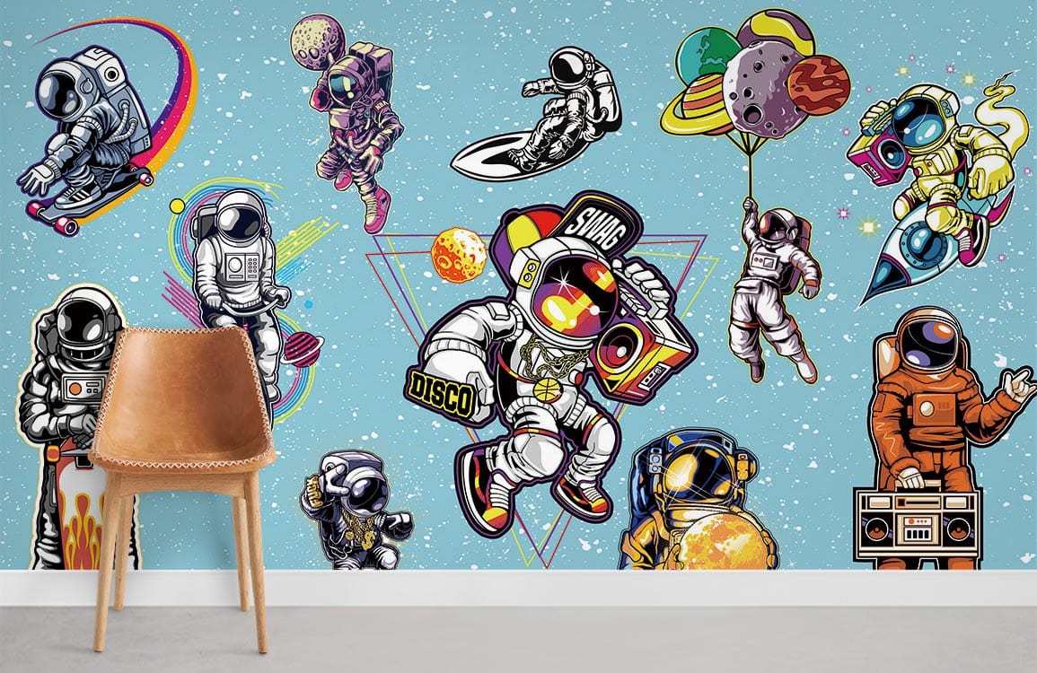Vibrant astronaut mural with blue wall, mid-century chair, and grey flooring in a modern room setting.