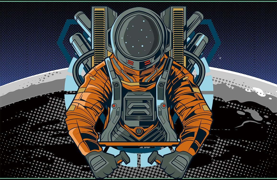Retro Astronaut Space Adventure Mural Wallpaper in Bold Orange and Blue