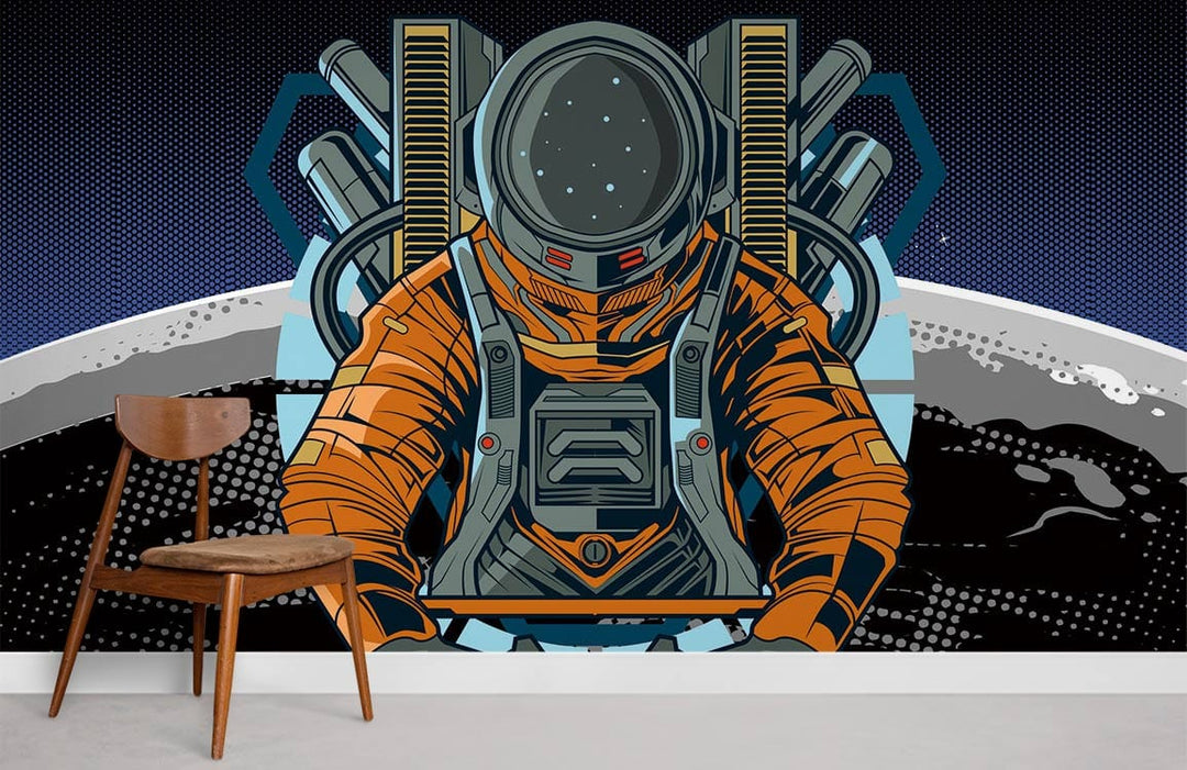 Retro astronaut mural wallpaper in bold orange and blue, wooden chair, modern minimalist interior decor.