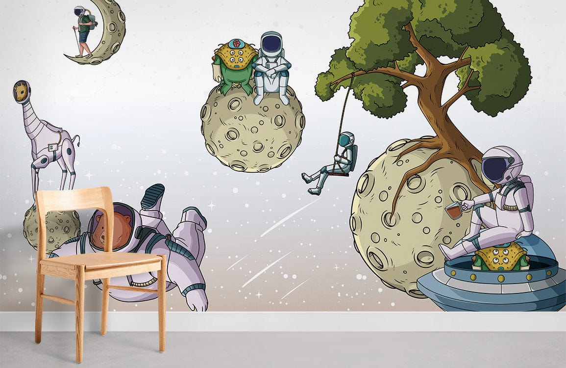 Whimsical space adventure mural with astronauts, aliens, wooden chair, grey flooring in children's room.