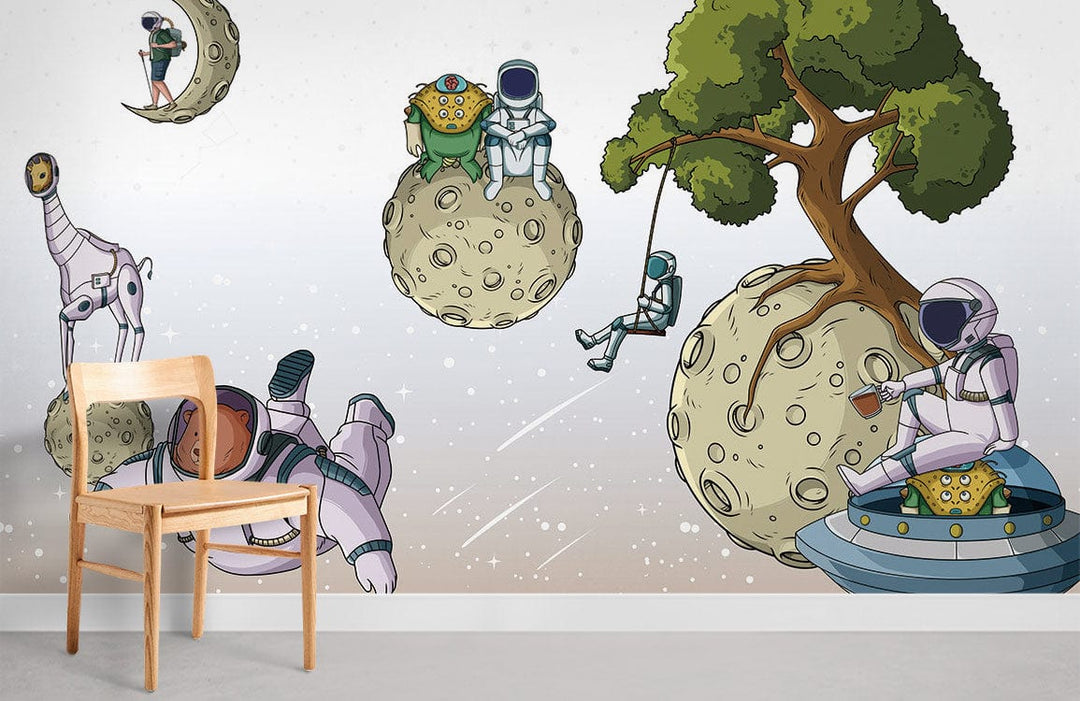 Whimsical space adventure mural with astronauts, aliens, wooden chair, grey flooring in children's room.