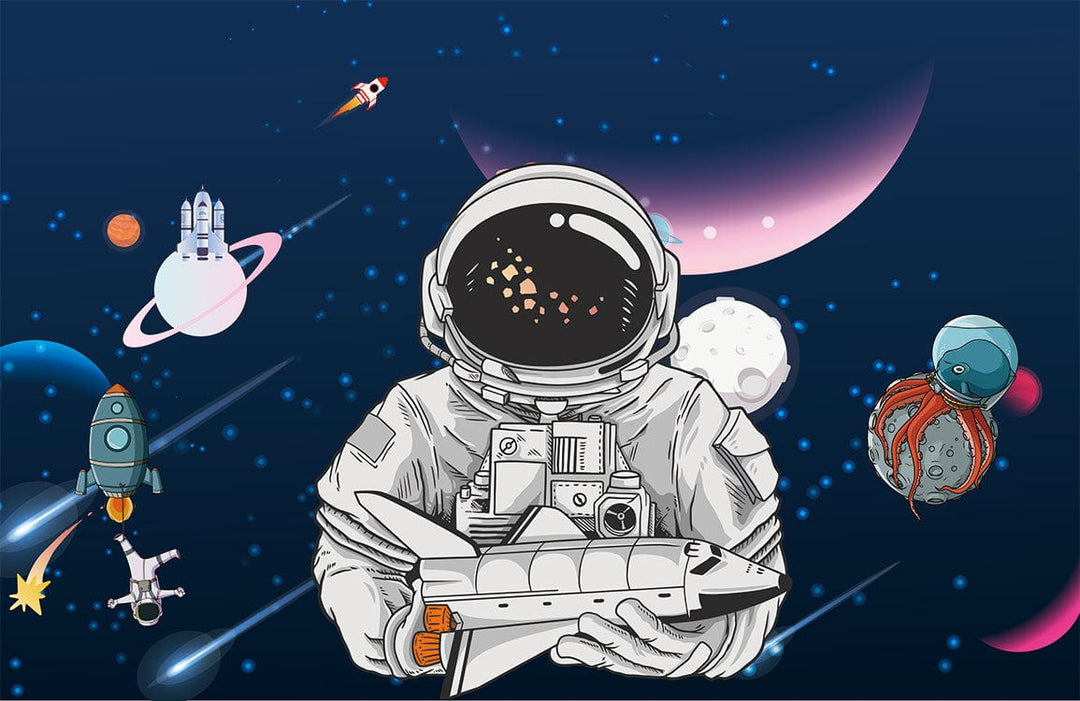 Space Adventure Mural Wallpaper with Astronauts and Rockets in Navy Blue