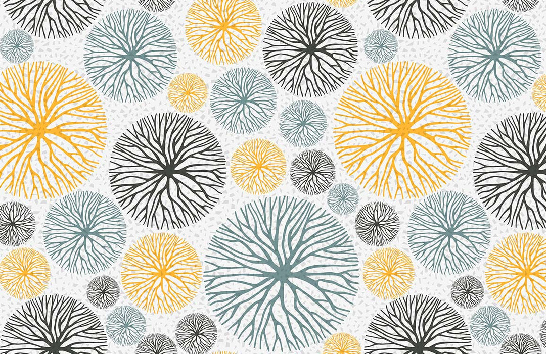 Modern Botanical Circles Wallpaper in Yellow, Blue, and Black Patterns