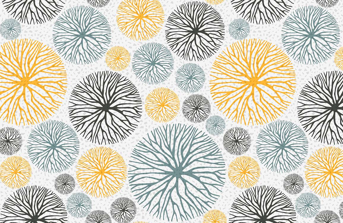 Modern Botanical Circles Wallpaper in Yellow, Blue, and Black Patterns