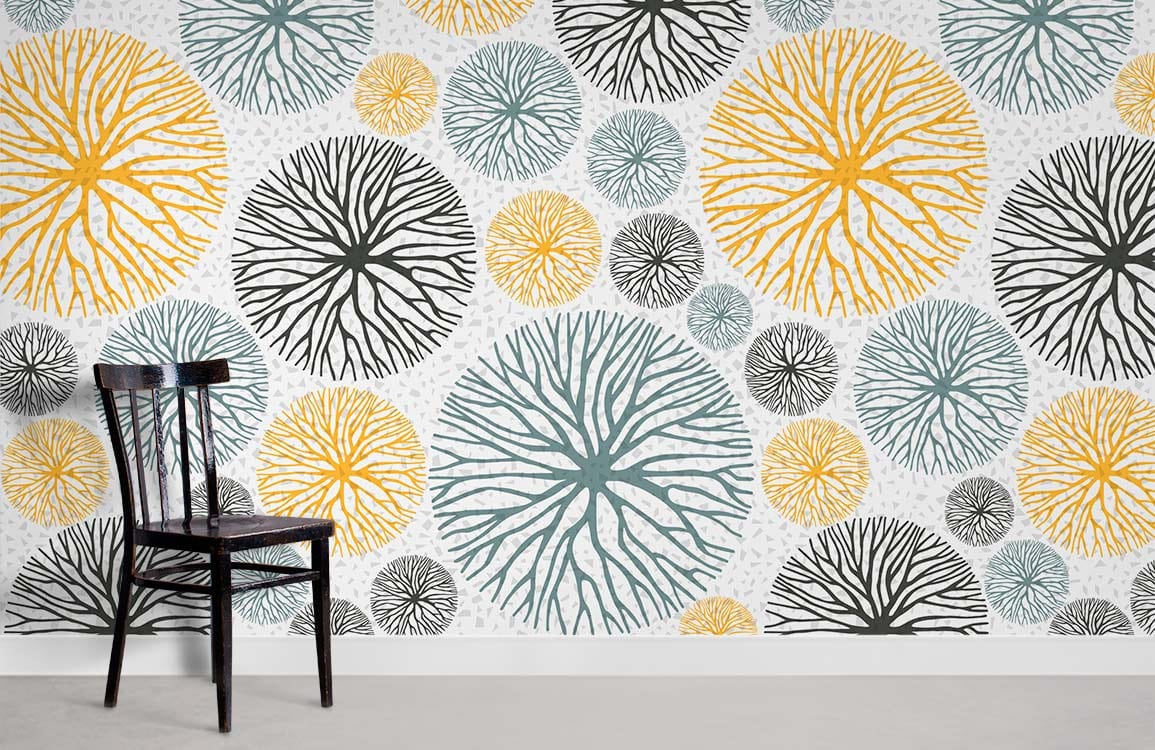 Modern Botanical Circles Wallpaper in yellow, blue, and black patterns, featuring black chair, grey flooring.