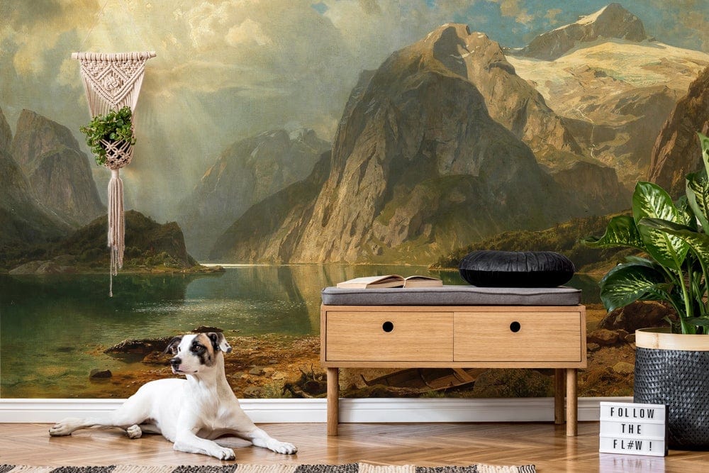 Majestic Mountain Retreat Mural: Nature-inspired landscape, earthy tones in contemporary living room with wooden console.
