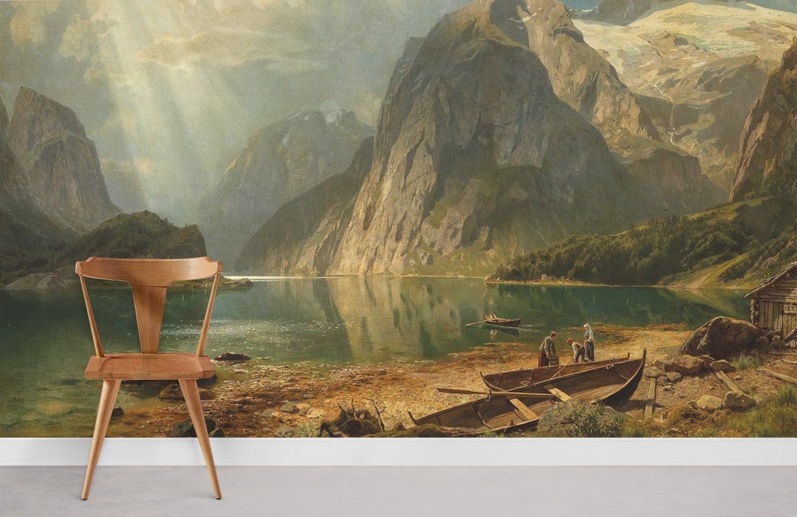 Majestic Mountain Retreat Mural Wallpaper in serene landscape with wooden chair, light floor, nature-inspired.