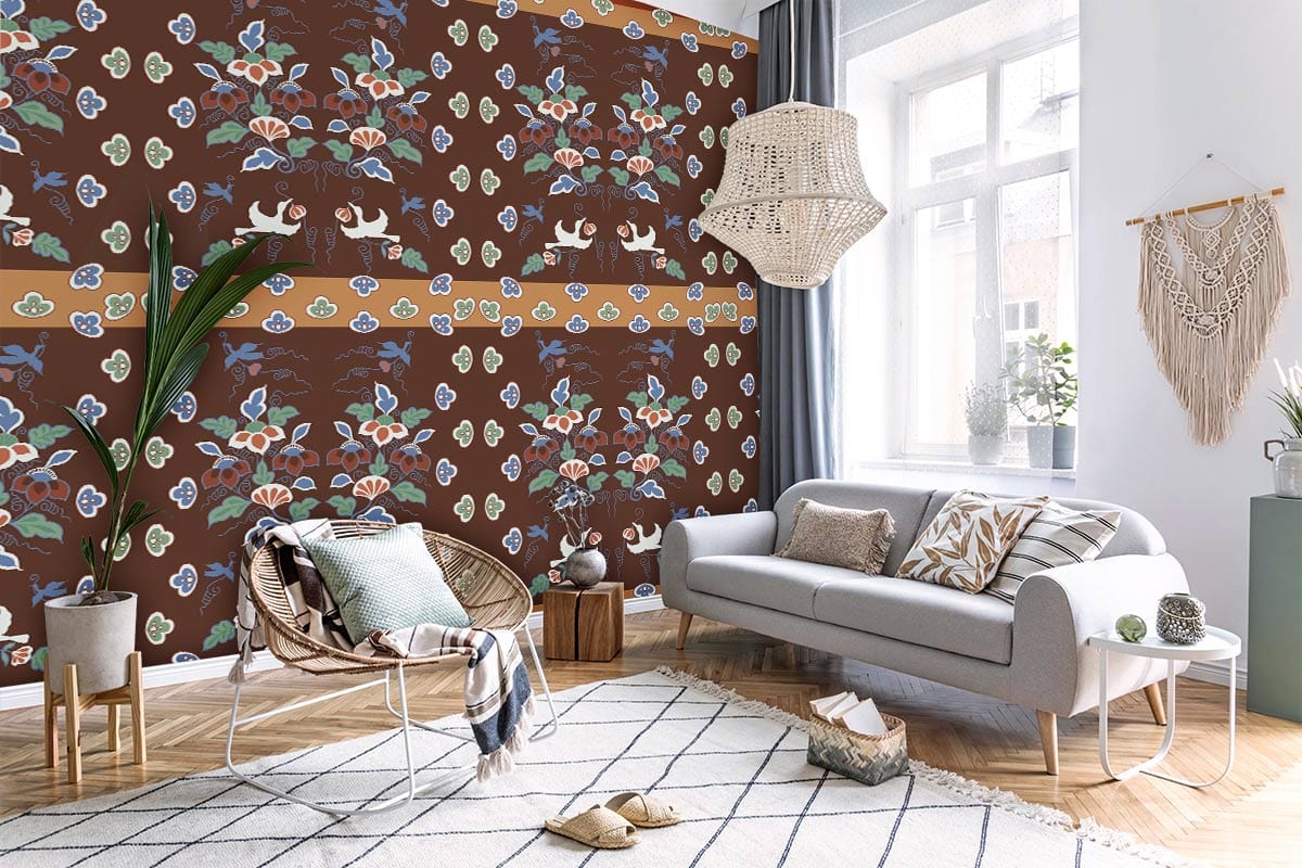 Vintage floral bird pattern brown mural wallpaper, retro style, grey sofa, wicker chair, wooden flooring.